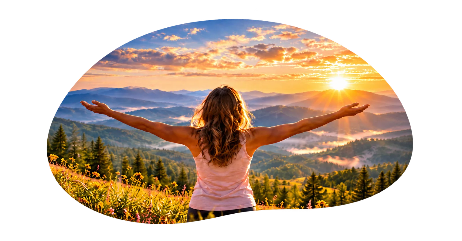 Woman with arms open toward a mountain sunrise, framed in a botanical oval