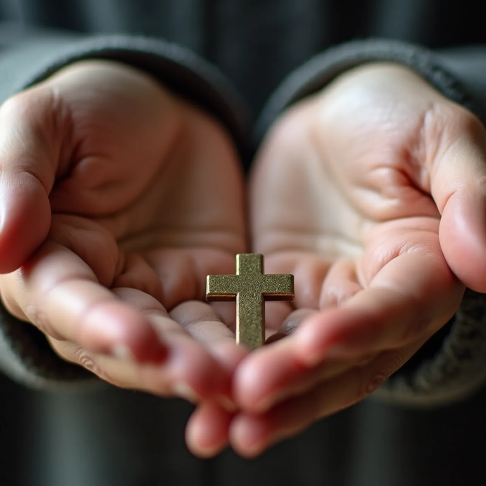 Close-up view of hands holding a small cross pendant