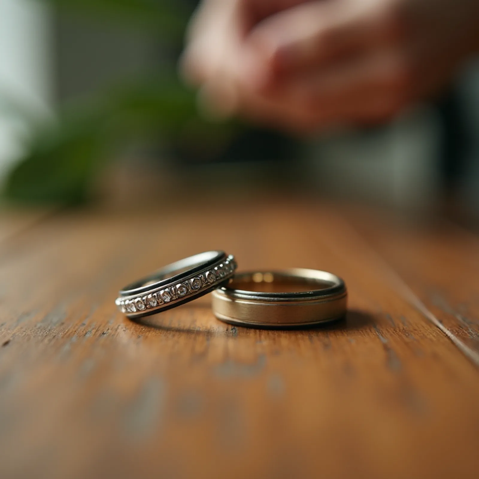 Close-up view of wedding rings on a wooden table