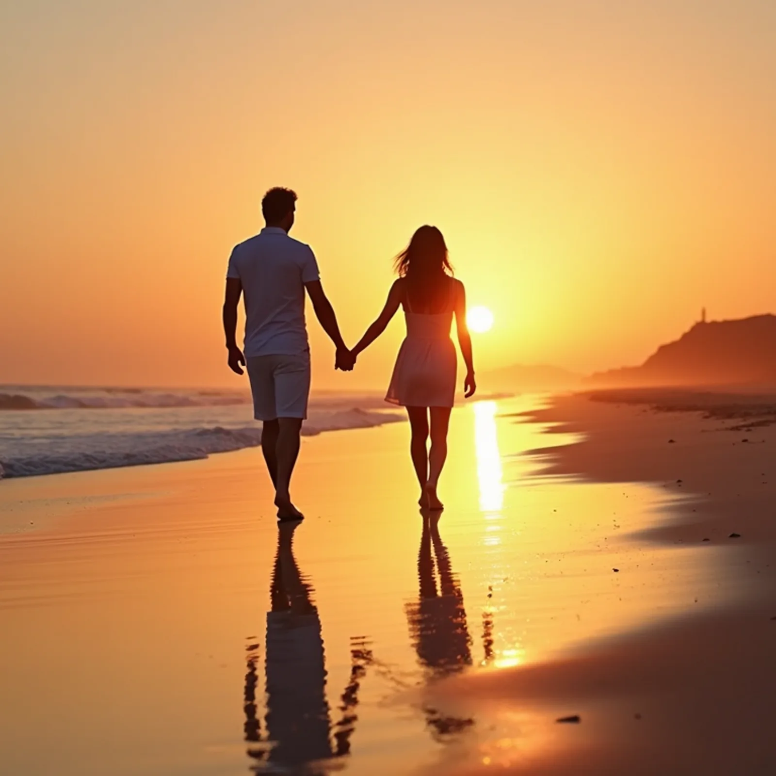 Wide angle view of a couple walking hand in hand on a beach at sunset