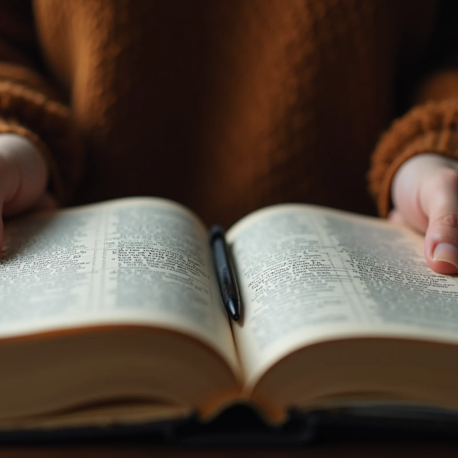 Close-up view of two hands holding a prayer journal and pen