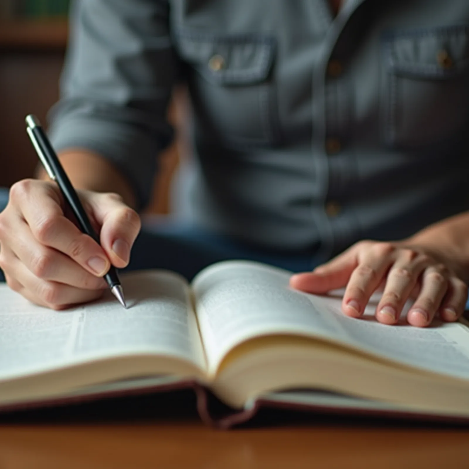 Close-up view of a person writing notes beside a Bible