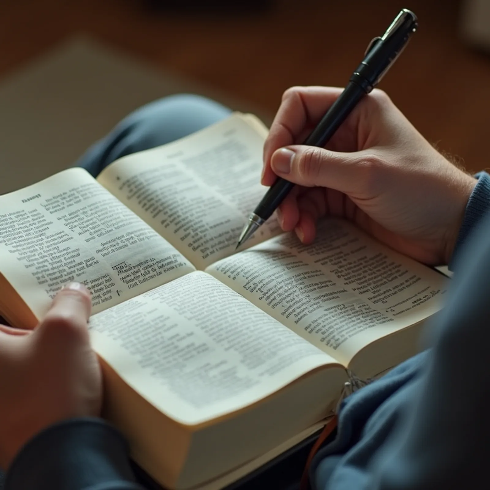 High angle view of a person reading a Bible with a notebook and pen
