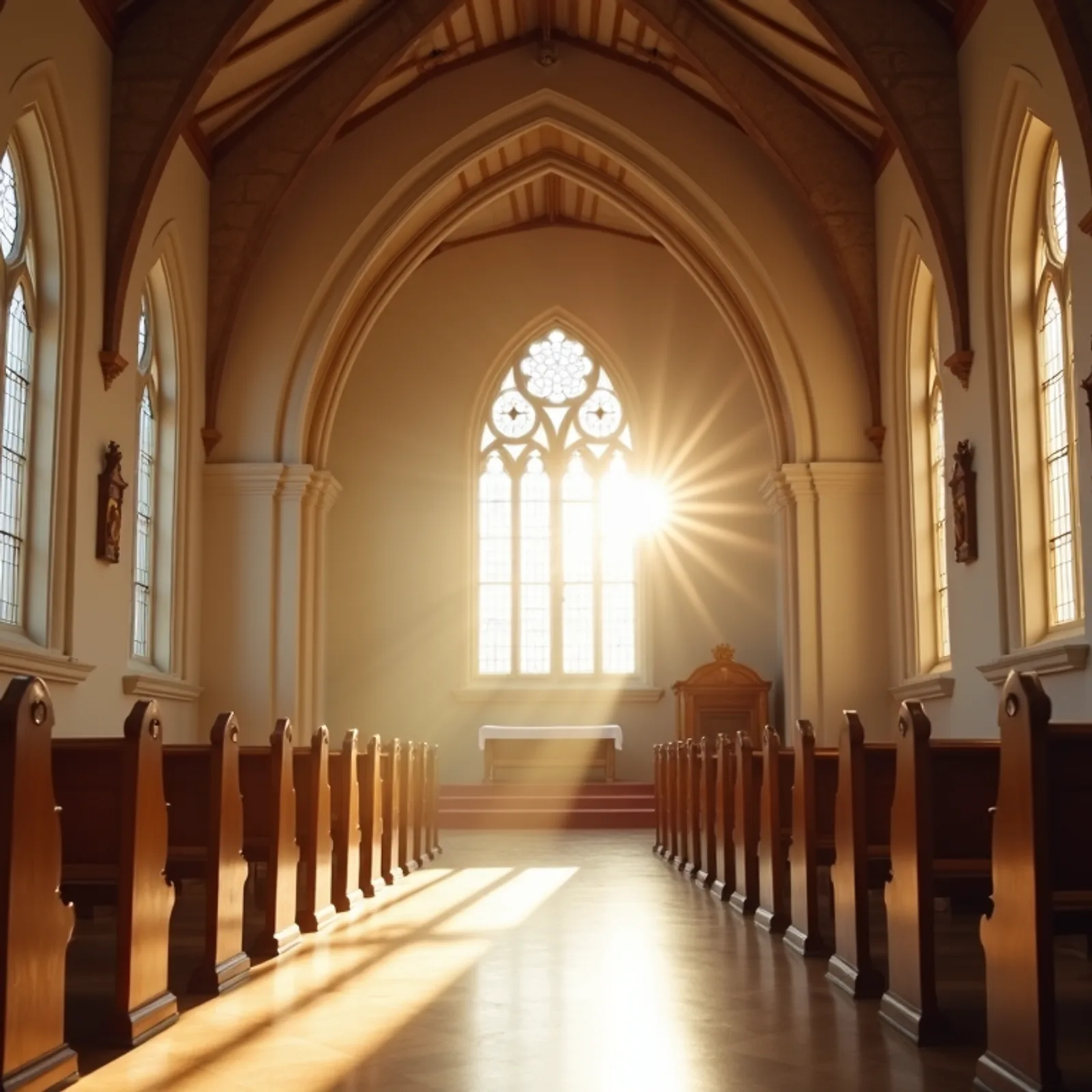 Wide angle view of a peaceful church interior with sunlight streaming through windows