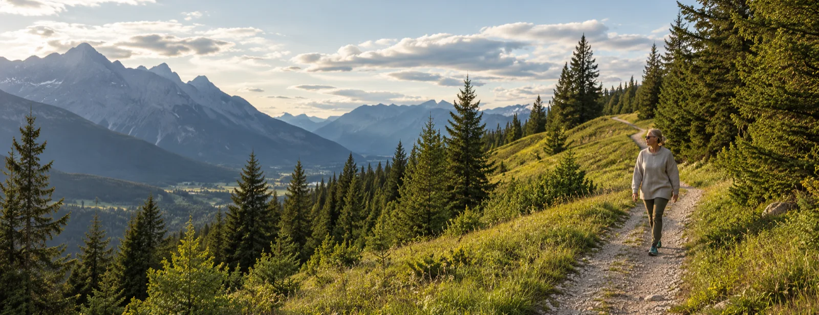 Mountain trail at sunrise behind the home hero
