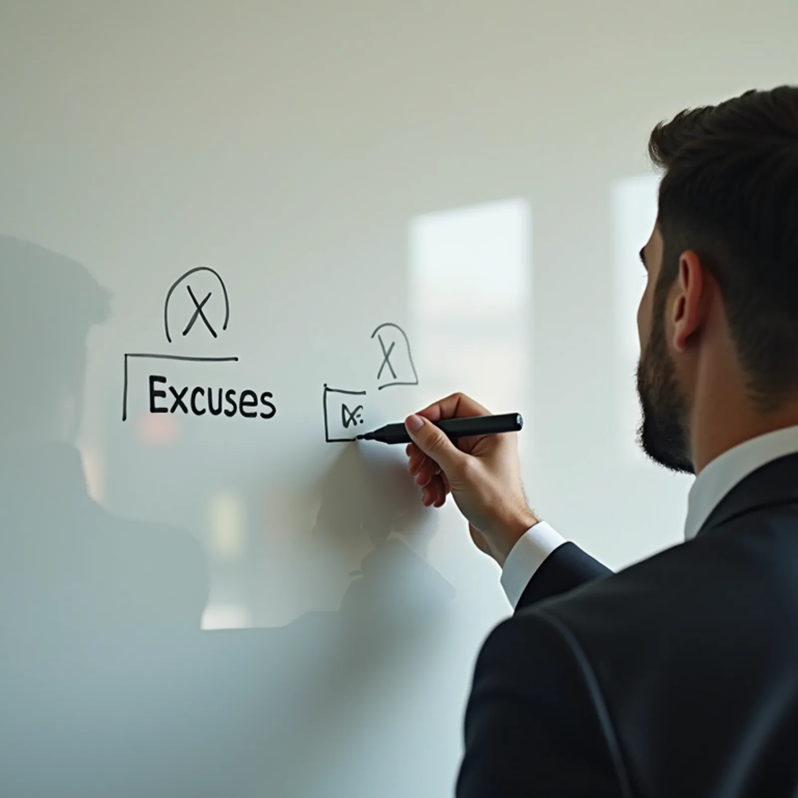 High angle view of a person crossing out excuses on a whiteboard