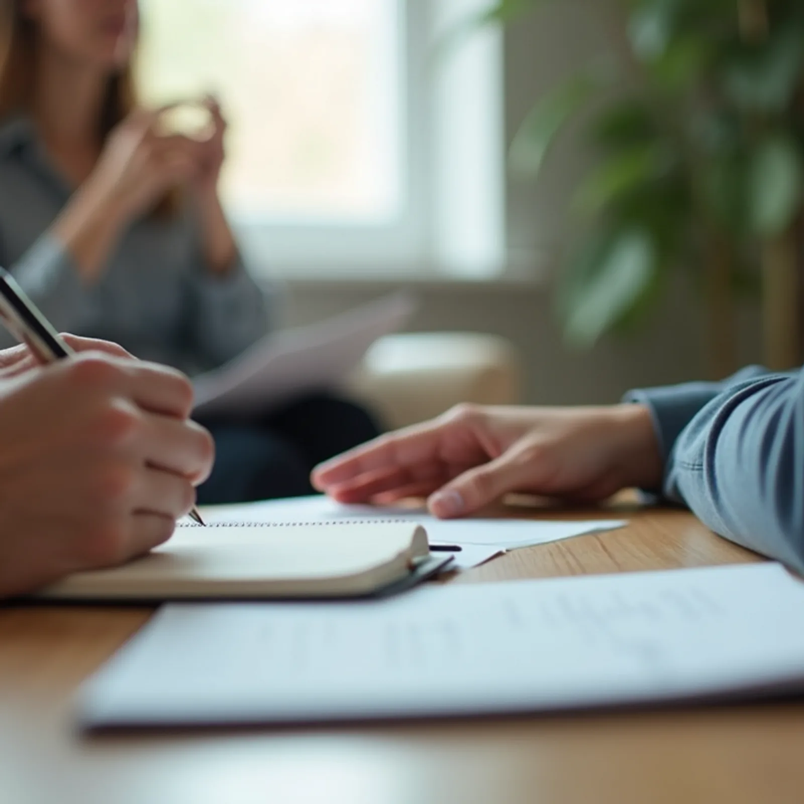 Close-up view of a counselor’s hand holding a notebook during a session