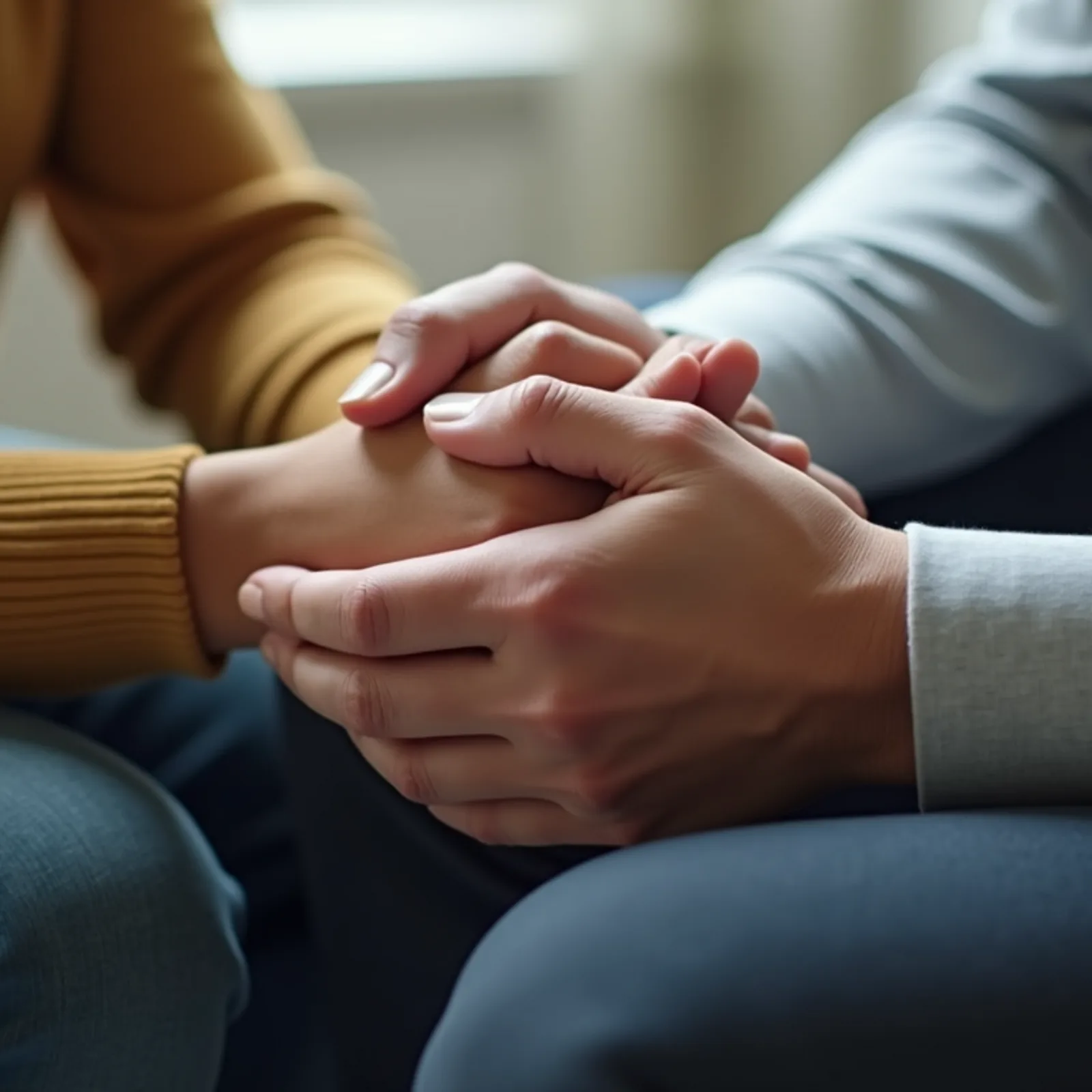 High angle view of a couple holding hands during a counseling session