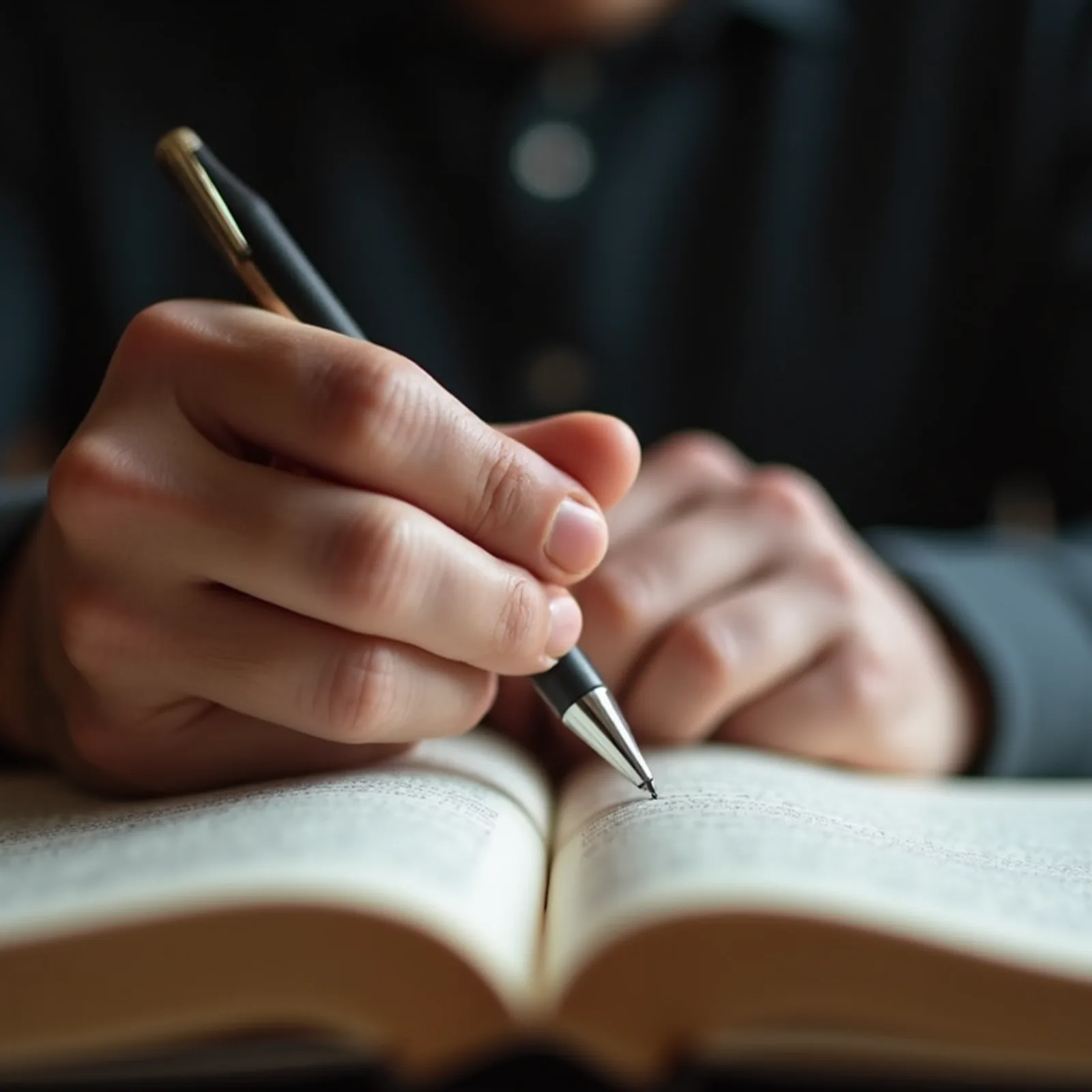 Eye-level view of a person holding a prayer journal and pen