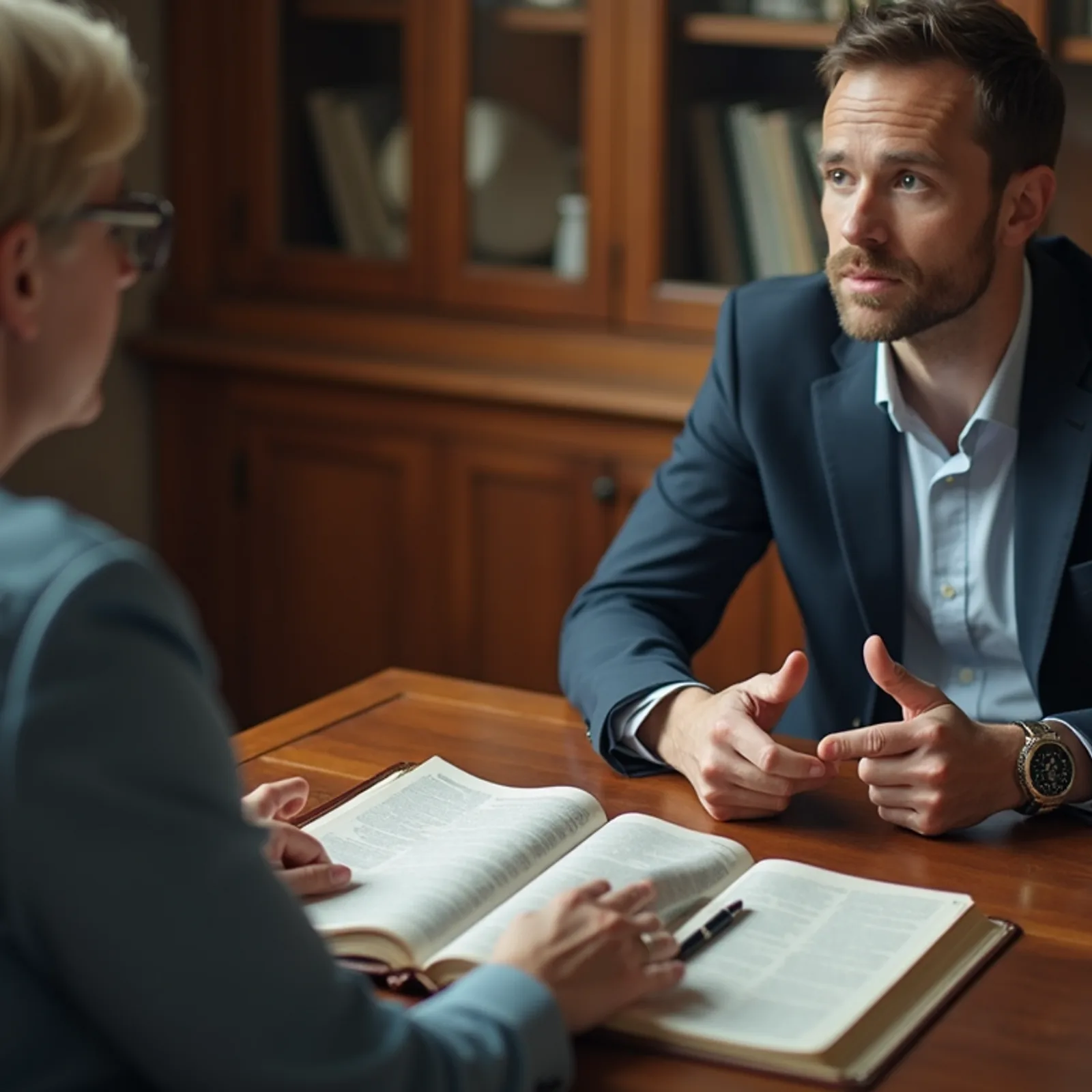 High angle view of a counselor and client discussing with a Bible on the table