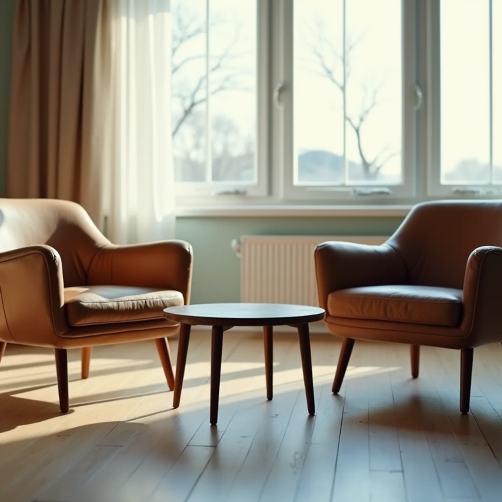 Close-up view of two chairs with a coffee table in the middle