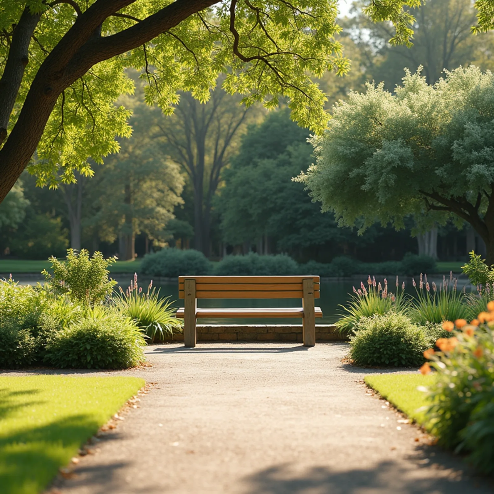 High angle view of a tranquil garden with a bench ready for discussion