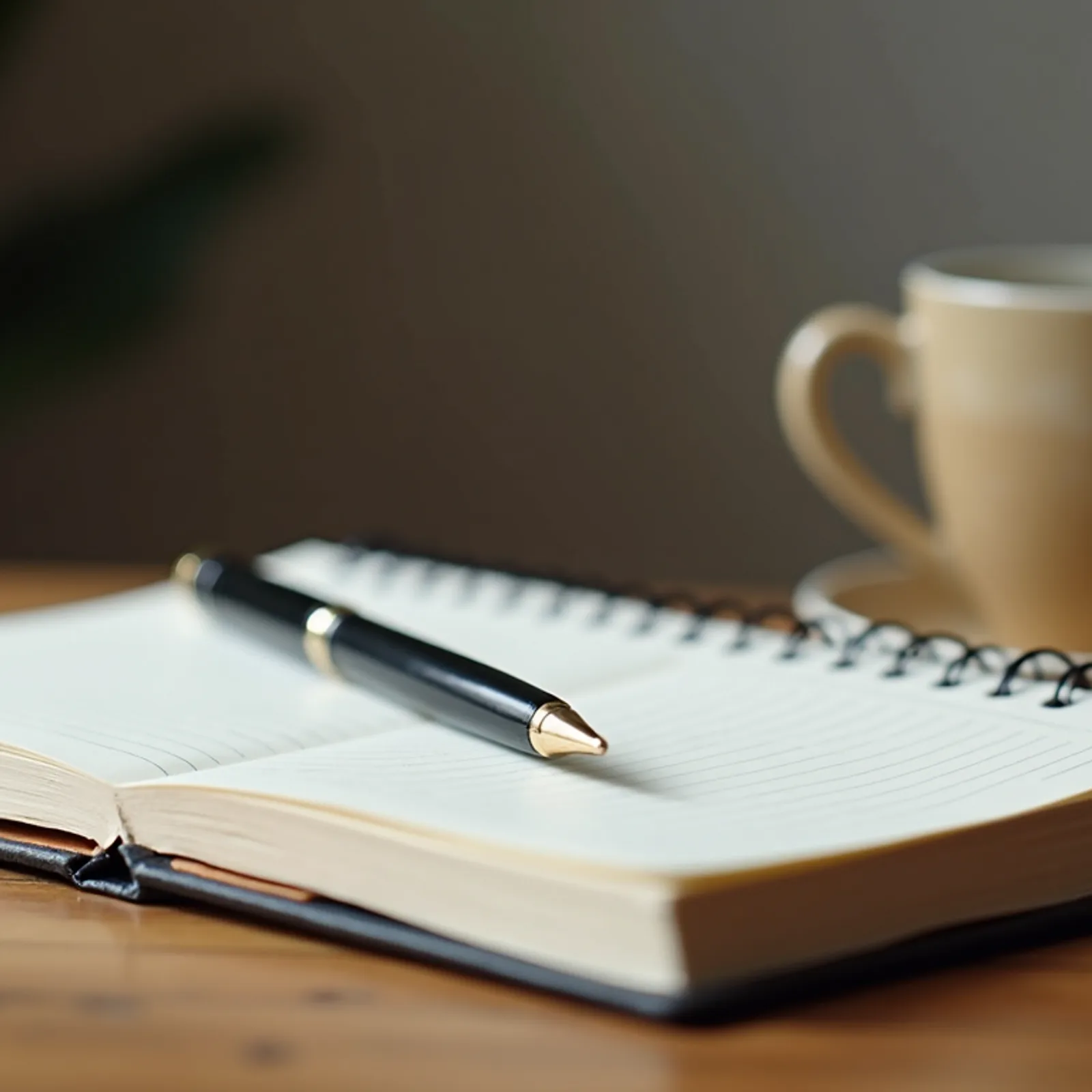 Close-up of a journal and pen on a wooden table