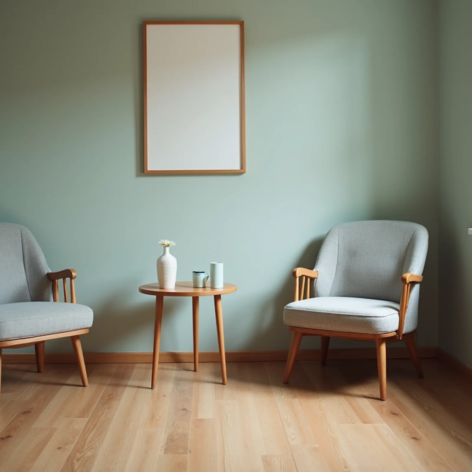 High angle view of a quiet counseling room with two chairs and a small table