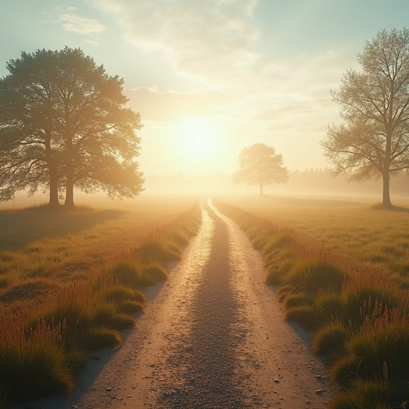 Wide angle view of a serene nature landscape with a walking path