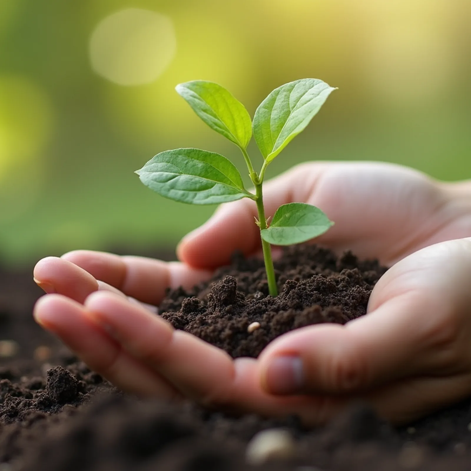 Close-up view of two hands holding a small plant growing from soil, symbolizing growth and healing