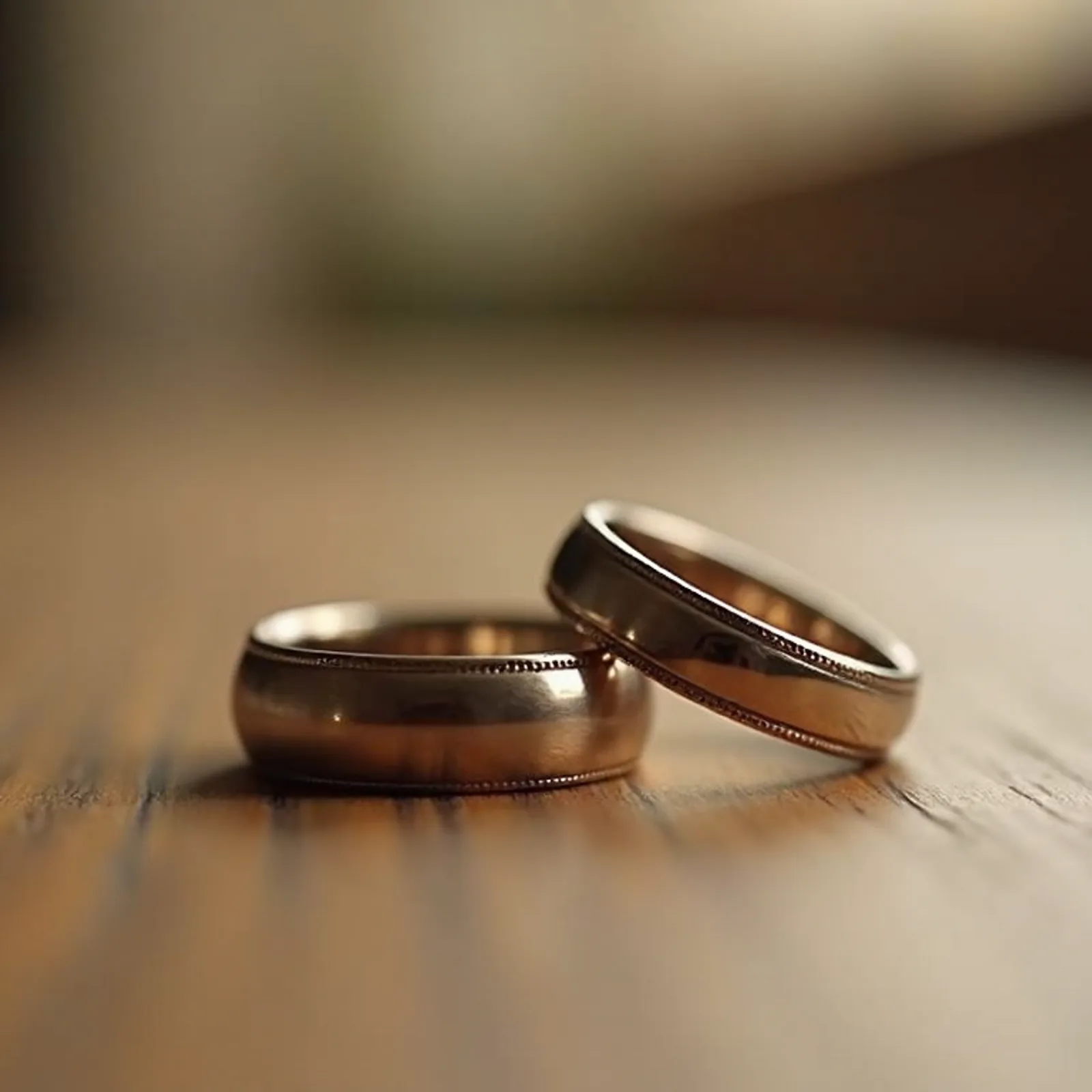 Eye-level view of two wedding rings on a wooden surface symbolizing commitment