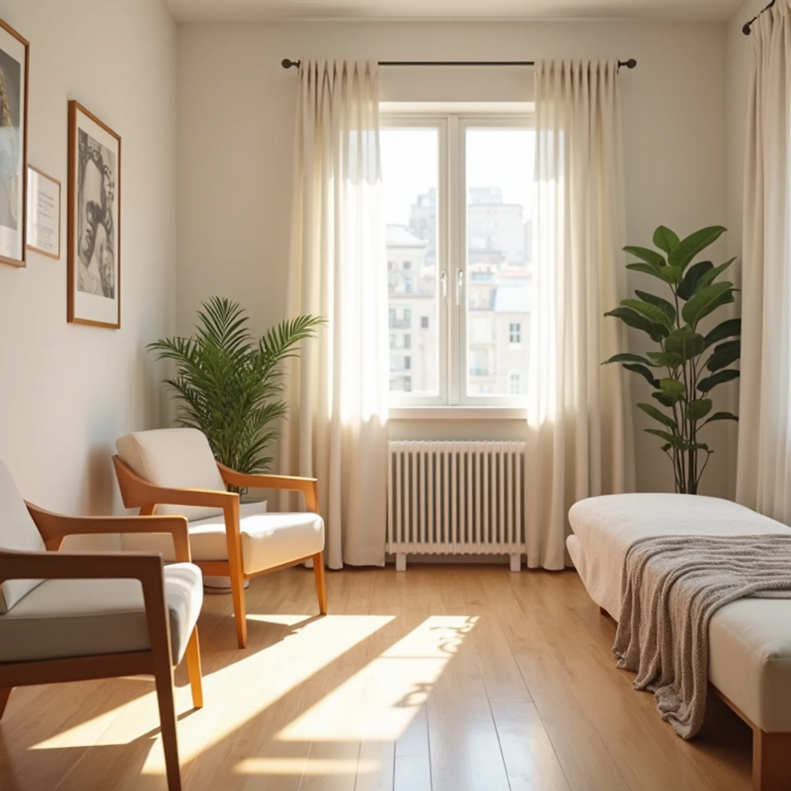 Eye-level view of a comfortable therapy room with soft seating