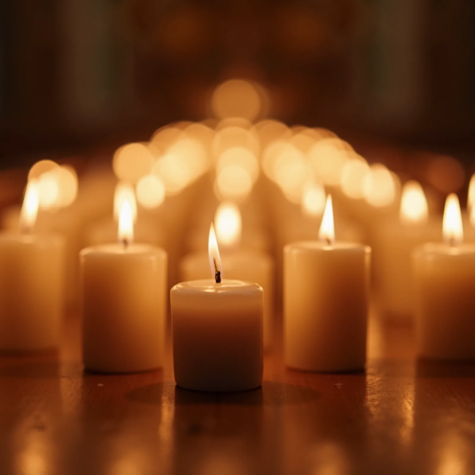 Eye-level view of candles lit for prayer within a serene space