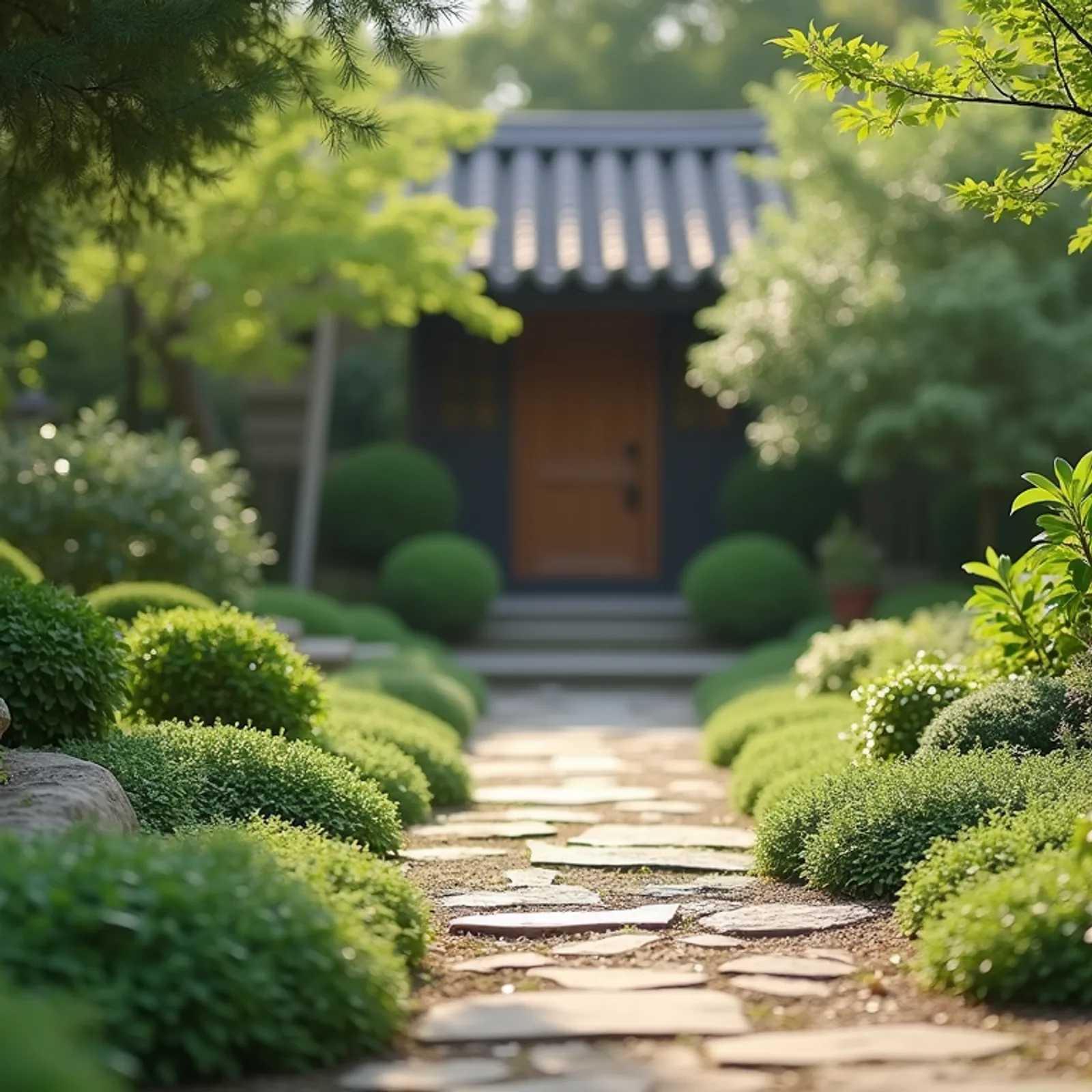 Eye-level view of an inviting spiritual garden space surrounded by greenery.