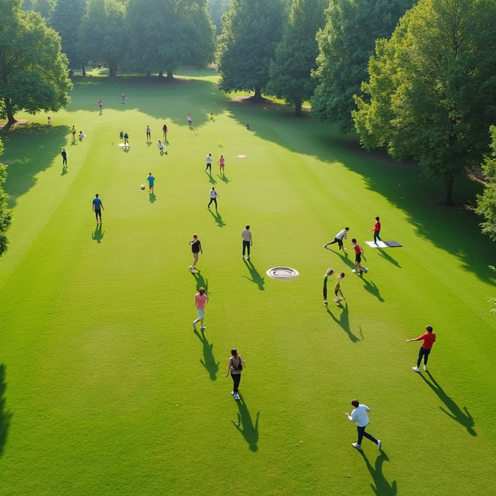 High angle view of a lush green park showcasing individuals engaging in physical activities.