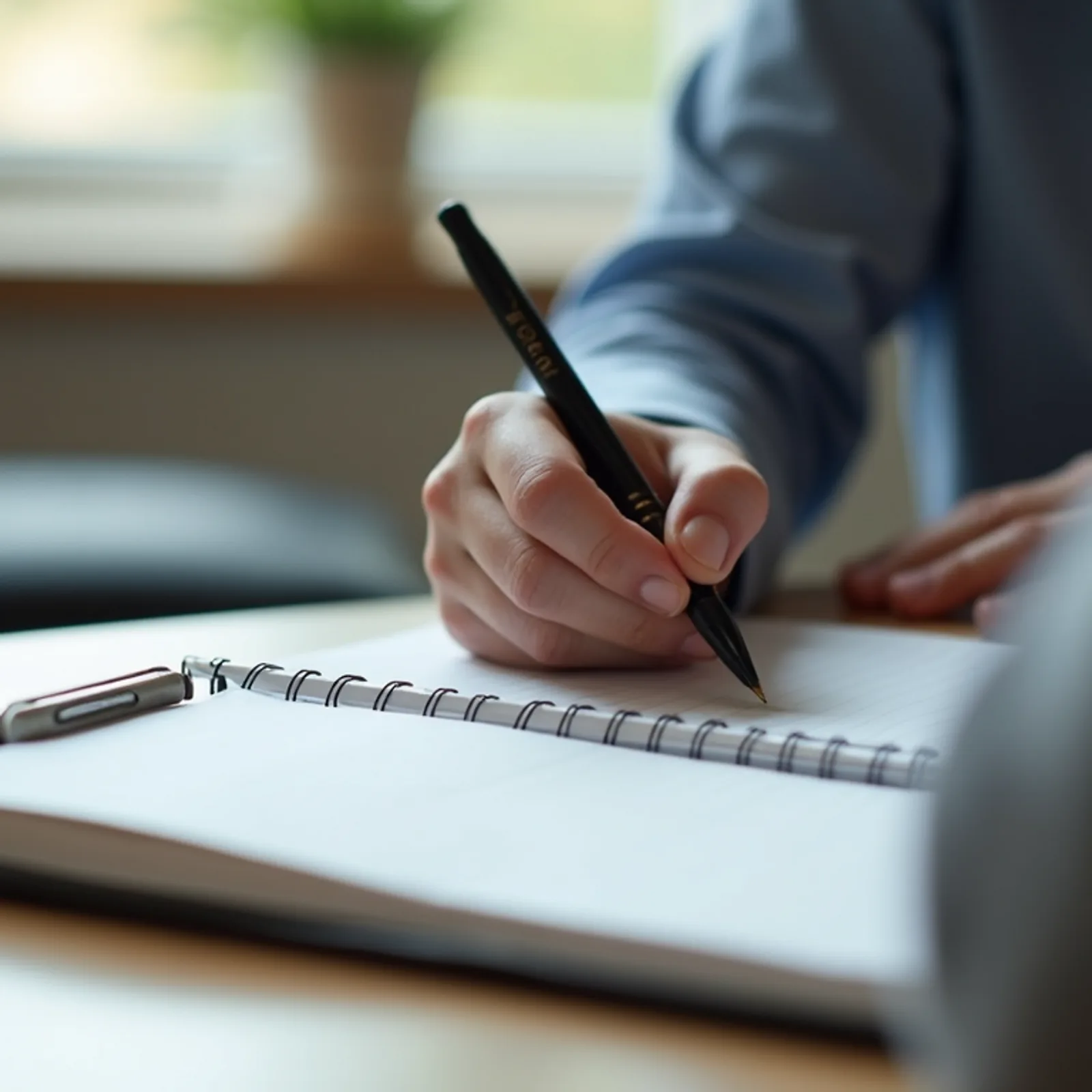 Close-up view of a counselor’s notebook and pen during a therapy session