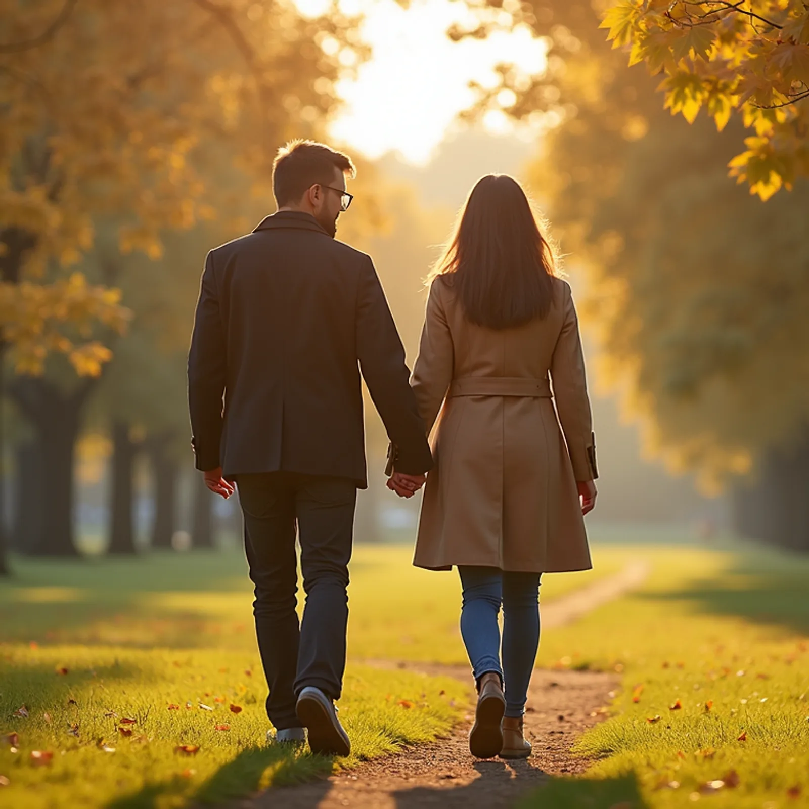 High angle view of a couple holding hands during a walk in the park